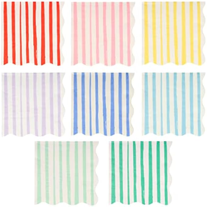 MIXED STRIPE SMALL NAPKINS PACK OF 16 WITH 8 COLORFUL STRIPES AND SCALLOPED EDGES FOR BIRTHDAY PARTY BABY SHOWER PICNIC KIDS-FRIENDLY TABLE DECOR CELEBRATION - Image 1